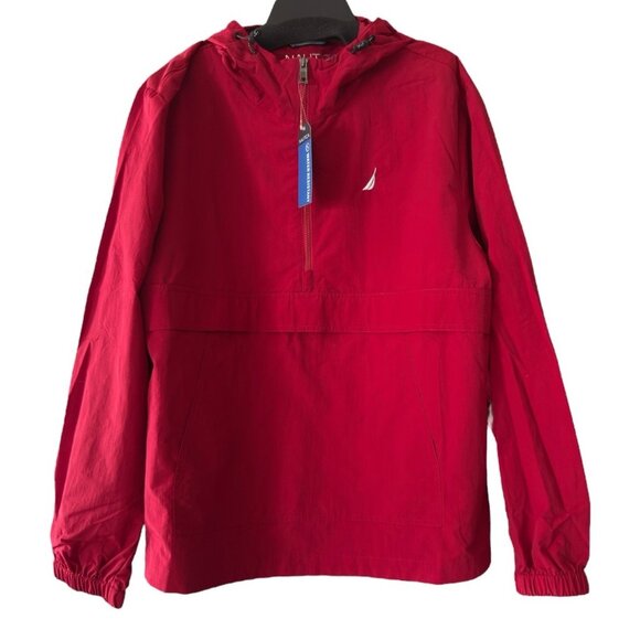 NWT Nautica Red Water Resistant Hooded Pullover Windbreaker Men's L - Picture 1 of 10